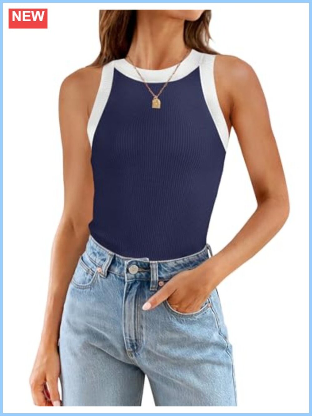 Sleeveless Ribbed Knit High Neck Racerback Slim Fit Tank Top Summer